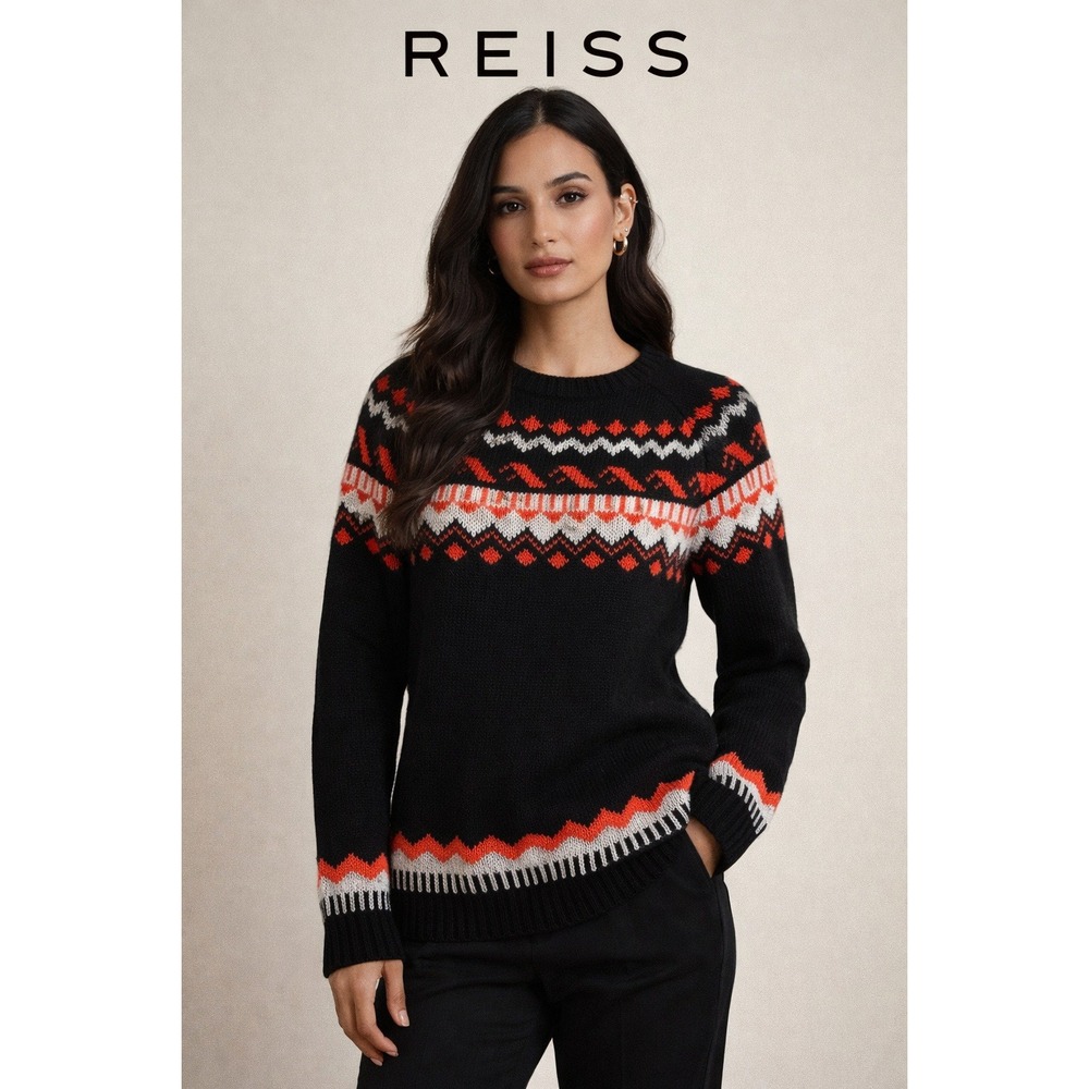 Reiss Black Fair Isle Wool Blend Sweater Mens XL Winter Knit